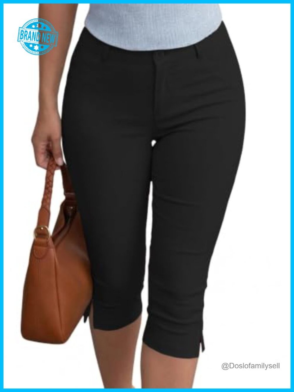 Women's High Rise Slim Fit Capri Pants Stretch Side Slit Work Casual